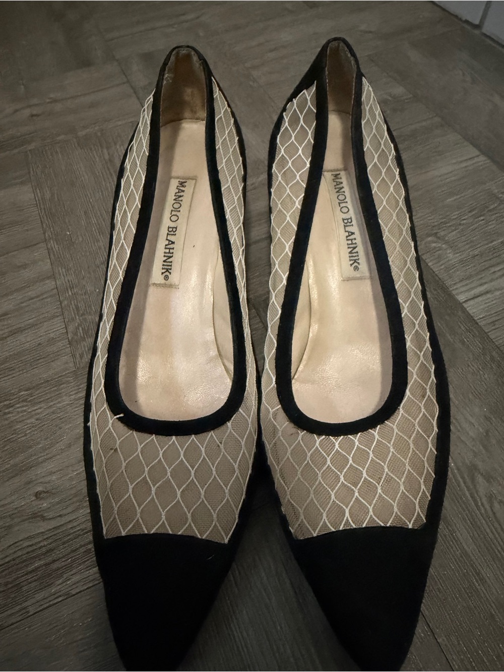 Manolo Blahnik Mesh kitten heel with Black Trim